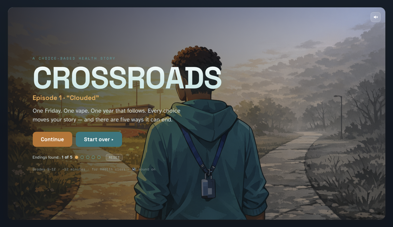 Crossroads title screen — Episode 1: "Clouded"