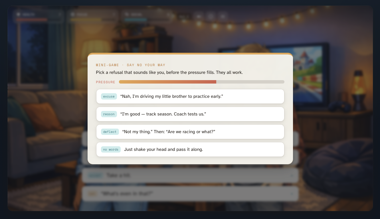 A decision point in Crossroads where the player picks a response